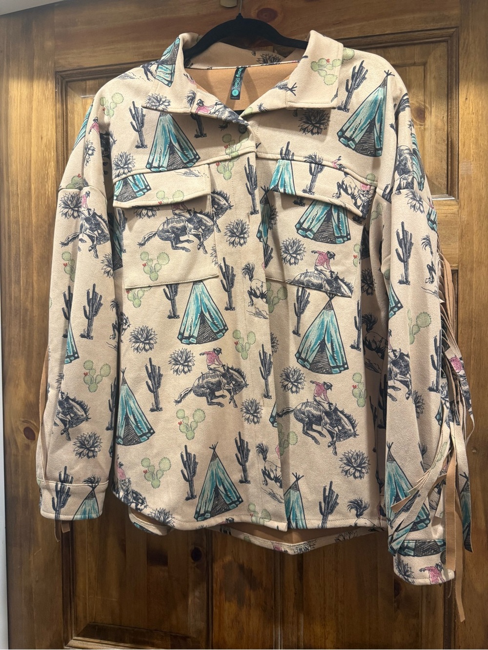 Women's Beige Western Print Shacket with Turquoise Accents